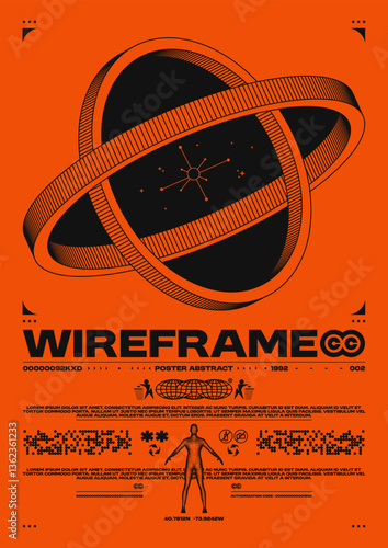Wireframe retro poster. Black hole concept with futuristic elements, cyberpunk graphics and human data interface. Grunge sci-fi vector print