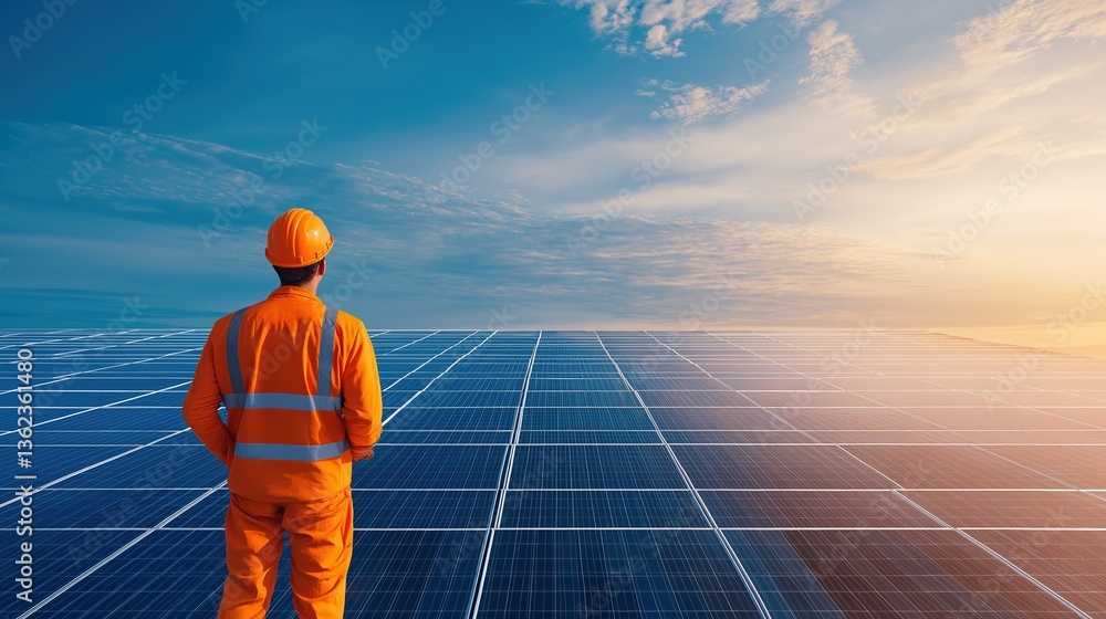 custom made wallpaper toronto digitalEngineer Overseeing Solar Panel Installation Under Bright Sky for Renewable Energy Transition