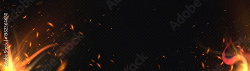 Realistic fire flames with flickering sparks and smoke on a dark background. Perfect for visual effects, burning scenes, explosions or fantasy magic projects.