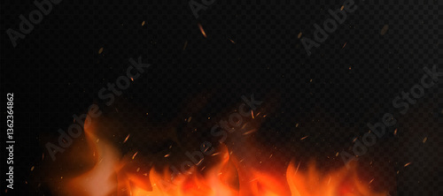Realistic fire flames with flickering sparks and smoke on a dark background. Perfect for visual effects, burning scenes, explosions or fantasy magic projects.