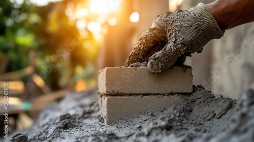 Gloved hand placing brick in mortar on construction site