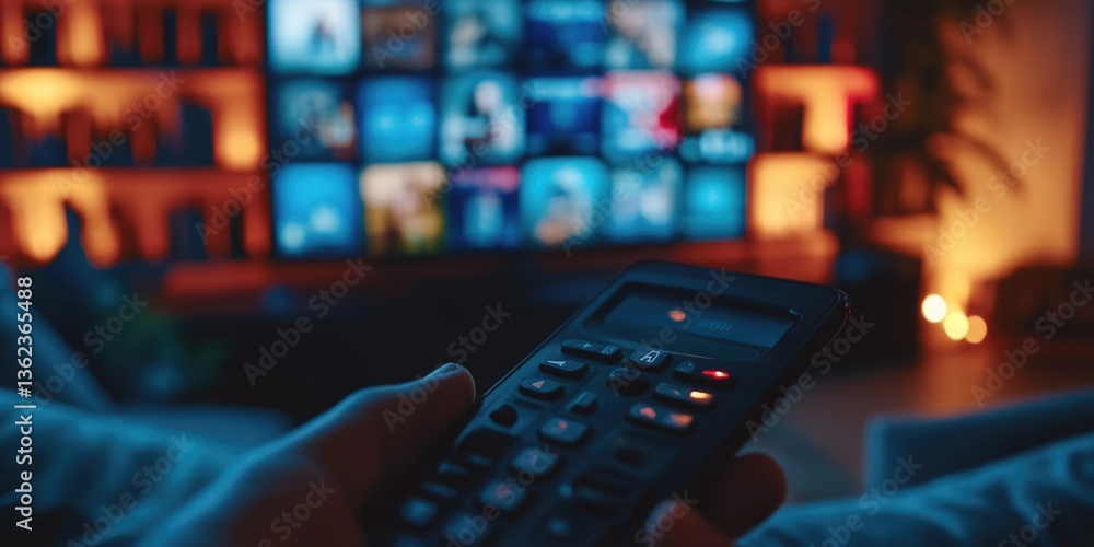 A person holding a remote control in front of a television, ideal for media and entertainment concepts A person holding a remote control in front of a television, ideal for media and entertainment concepts