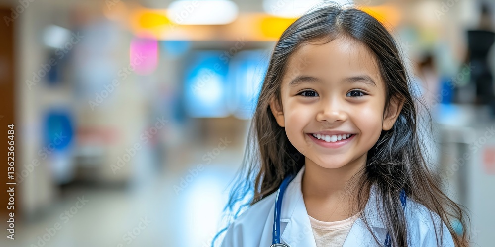 Obraz premium Portrait of Adorable Young Girl Dressed as Doctor Smiling, Future Medical Professional Concept