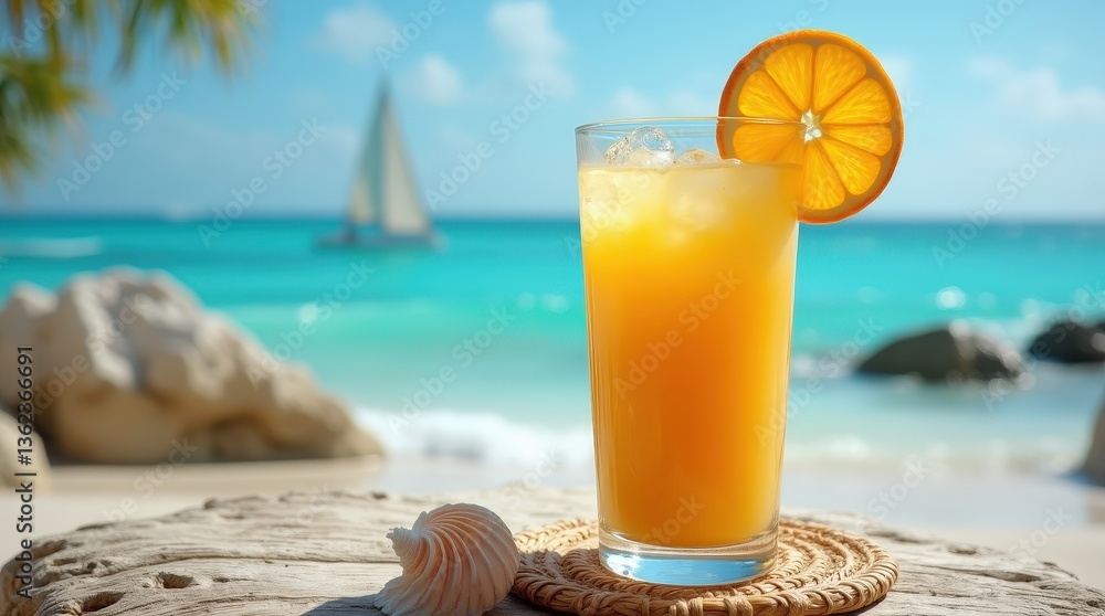 Obraz premium Refreshing orange drink served on a beachside table with a sailboat in the background