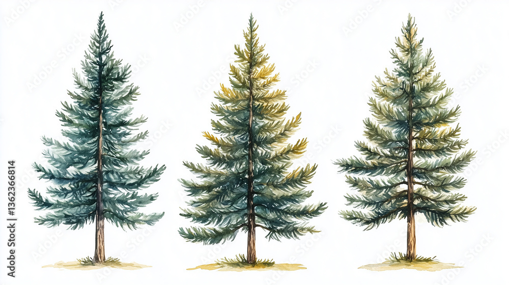 Obraz premium Watercolor pine trees background. Banner with hand painted evergreen forest Snow winter wonderland illustration. Watercolor winter evergreen pine tree isolated on a white background