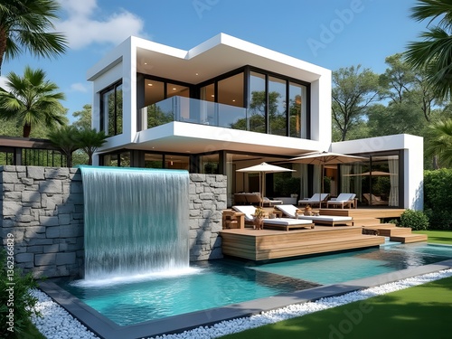 Modern two-story house with stone and white exterior, large glass windows, wooden deck, translucent waterfall pool, lush green landscaping, palm trees and tropical outdoor seating