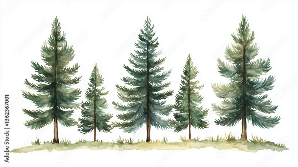 Obraz premium Watercolor pine trees background. Banner with hand painted evergreen forest Snow winter wonderland illustration. Watercolor winter evergreen pine tree isolated on a white background