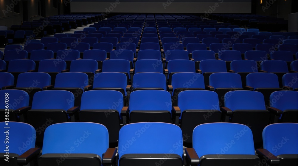 Fototapeta premium Rows of blue seats in an empty auditorium awaiting a presentation or performance