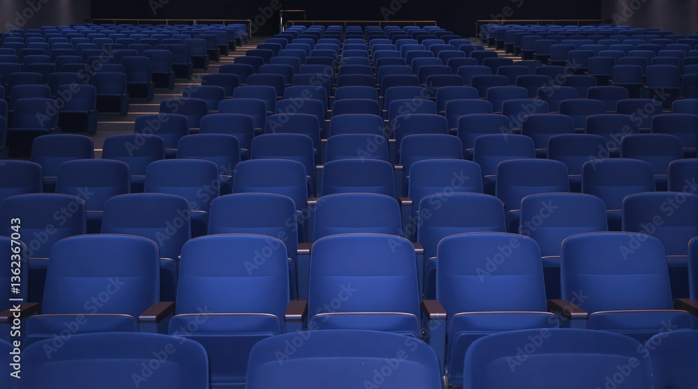 Naklejka premium Empty blue theater seats arranged in neat rows, awaiting the audience for an event