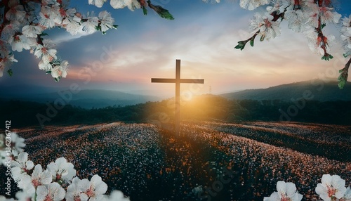 Un campo de flores y un sol naciente enmarcan una cruz distante, simbolizando el renacimiento espiritual y la Resurrección
