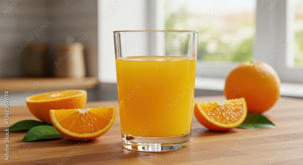Freshly squeezed orange juice served with whole and sliced oranges on a wooden table Freshly squeezed orange juice served with whole and sliced oranges on a wooden table