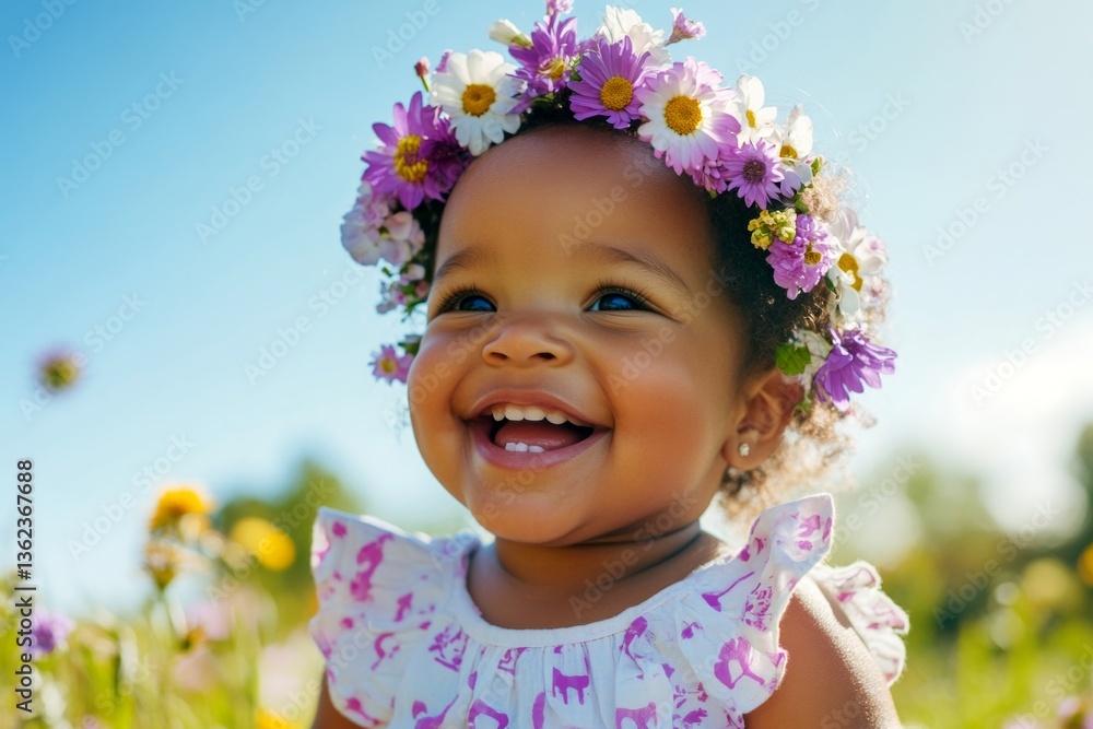 Sunny daylight. Happy black infant girl wearing purple flower crown on her head. Happy summertime symbol. Bright and cheerful summer day. Cute girl in a blooming field. Summer joy for kids. Sunny daylight. Happy black infant girl wearing purple flower crown on her head. Happy summertime symbol. Bright and cheerful summer day. Cute girl in a blooming field. Summer joy for kids.