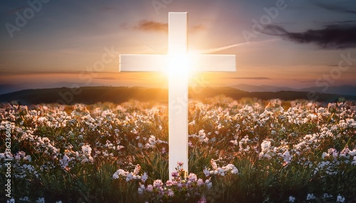 Un campo de flores y un sol naciente enmarcan una cruz distante, simbolizando el renacimiento espiritual y la Resurrección