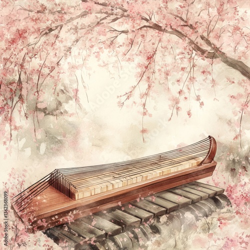 Wallpaper Mural Wooden keyboard under cherry blossoms.  Soft pastel hues Torontodigital.ca