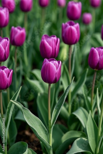 purple tulips in a field of green leaves and dark brown dirt