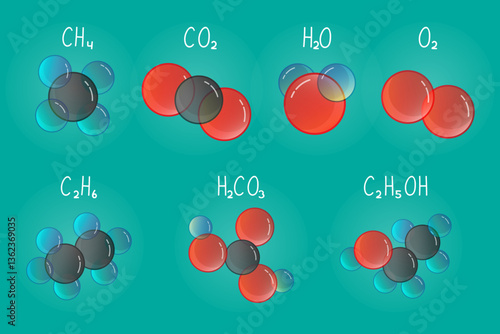 Molecular structures cartoon style vector illustration. Set of essential molecules along with their chemical formulas.