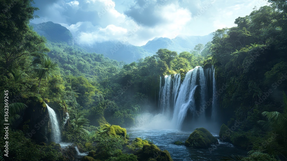 Fototapeta premium Majestic Waterfalls and Lush Forest: An awe-inspiring panorama of cascading waterfalls plummeting into a serene river, surrounded by a vibrant, thriving forest under a sky of shifting clouds.