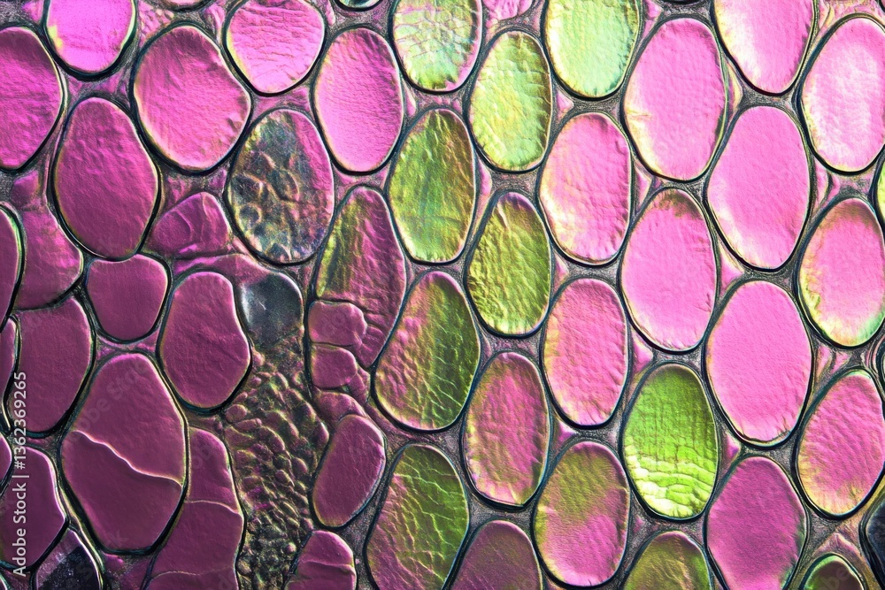 Colorful snake skin texture pattern neon pink, metallic silver, bright green geometric scales background