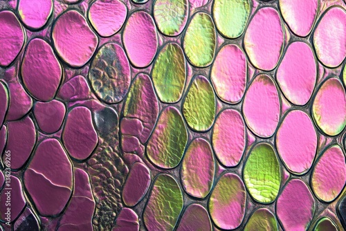 Obraz na płótnie Colorful snake skin texture pattern neon pink, metallic silver, bright green geometric scales background w salonie