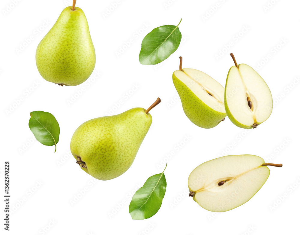 Falling green pear with sliced pears on a white background, png Falling green pear with sliced pears on a white background, png