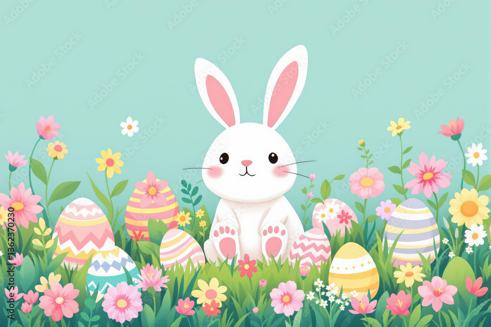 Happy Easter Bunny with many colorful easter eggs. Generative AI. Happy Easter Bunny with many colorful easter eggs. Generative AI.