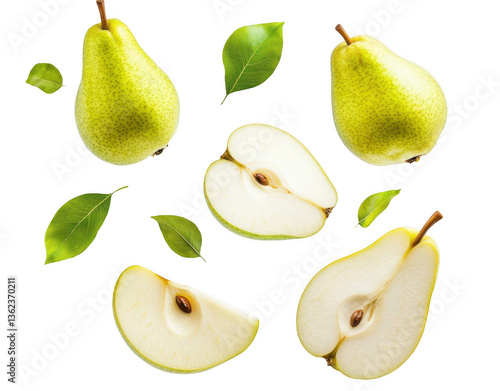 Falling green pear with sliced pears on a white background, png