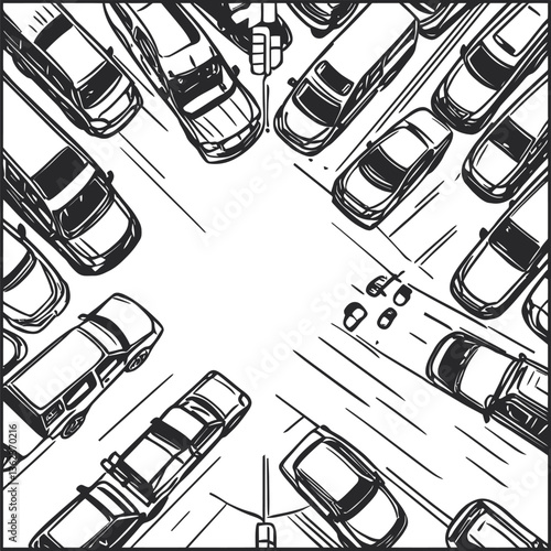 Vector Traffic Jam, Overhead View of Cars Stuck on Road.