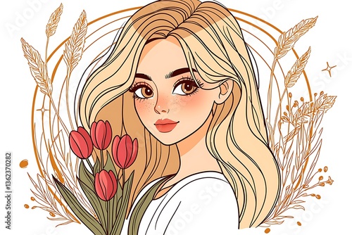 Blonde woman with tulips, and floral frame.