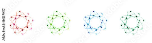 Set of glowing atomic shapes with orbital lines and central nodes in red, green, blue and turquoise. For scientific visual effects, particle simulations, quantum design or futuristic abstract composit