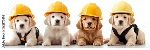 Wallpaper Mural Four Adorable Golden Retriever Puppies with Construction Hats, Posing on White Background Torontodigital.ca