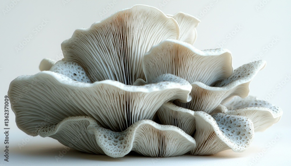Close-up of Oyster Mushrooms: A Delicate Cluster of Creamy White Fungi Close-up of Oyster Mushrooms: A Delicate Cluster of Creamy White Fungi