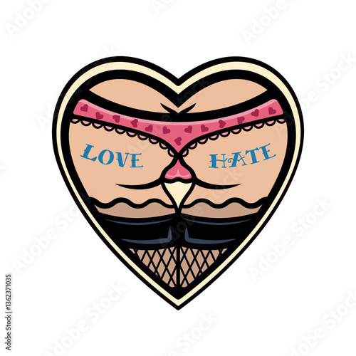 Playful heart with butt in underwear and stockings tattoo style colored vector illustration. Perfect for edgy, aesthetic, and bold designs with a mix of sensuality, vintage, and modern graphic art
