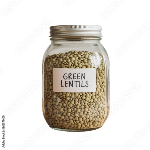 Glass jar filled with green lentils labeled clearly for easy identification