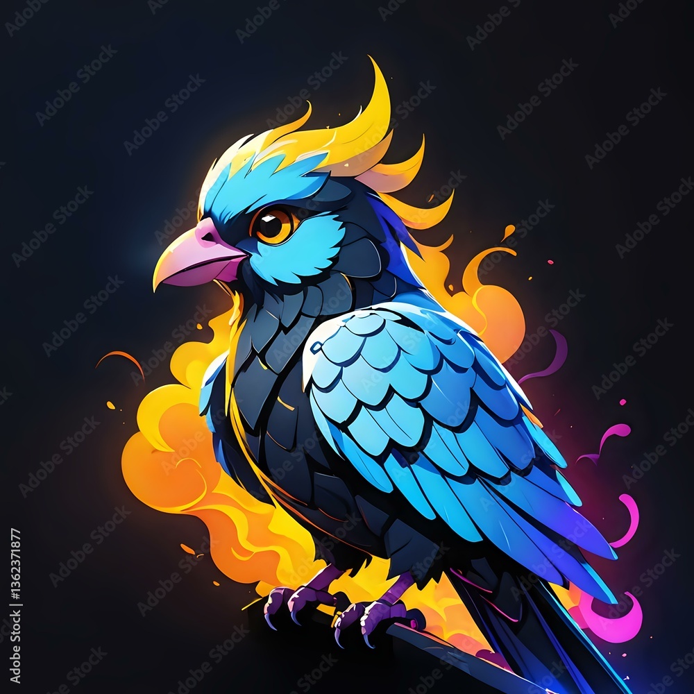 Fototapeta premium Mystical blue raven with flaming yellow crest and magical aura, perched against dark background, featuring vibrant feathers and glowing orange flames.