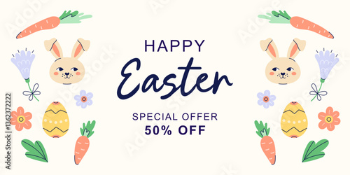 Happy Easter horizontal banner with hares, carrot and flowers on left and right edge on beige background. Design with text for discount. Happy Easter hand drawn card. Flat illustration with partial