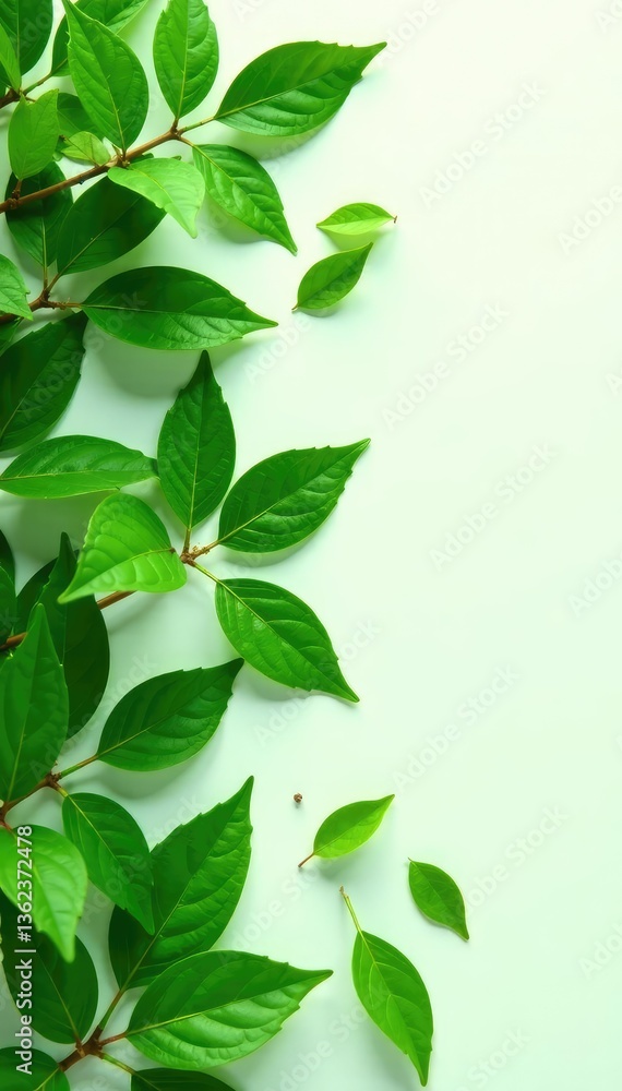 Fototapeta premium Lush green leaves scattered on a white surface, foliage, branch, leaf