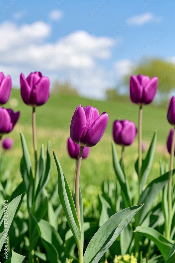 Obraz premium purple tulips in a field of green grass with a blue sky in the background