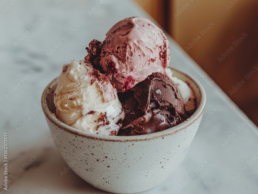 Chocolate brownie chunk ice cream scoop in round ceramic bowl captured in soft moody lighting with detailed texture and dark dessert indulgence presentation