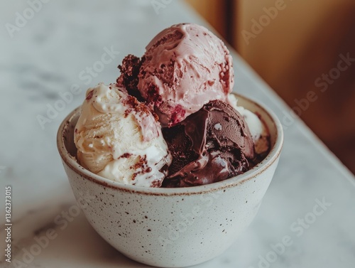 Obraz na płótnie Chocolate brownie chunk ice cream scoop in round ceramic bowl captured in soft moody lighting with detailed texture and dark dessert indulgence presentation w salonie