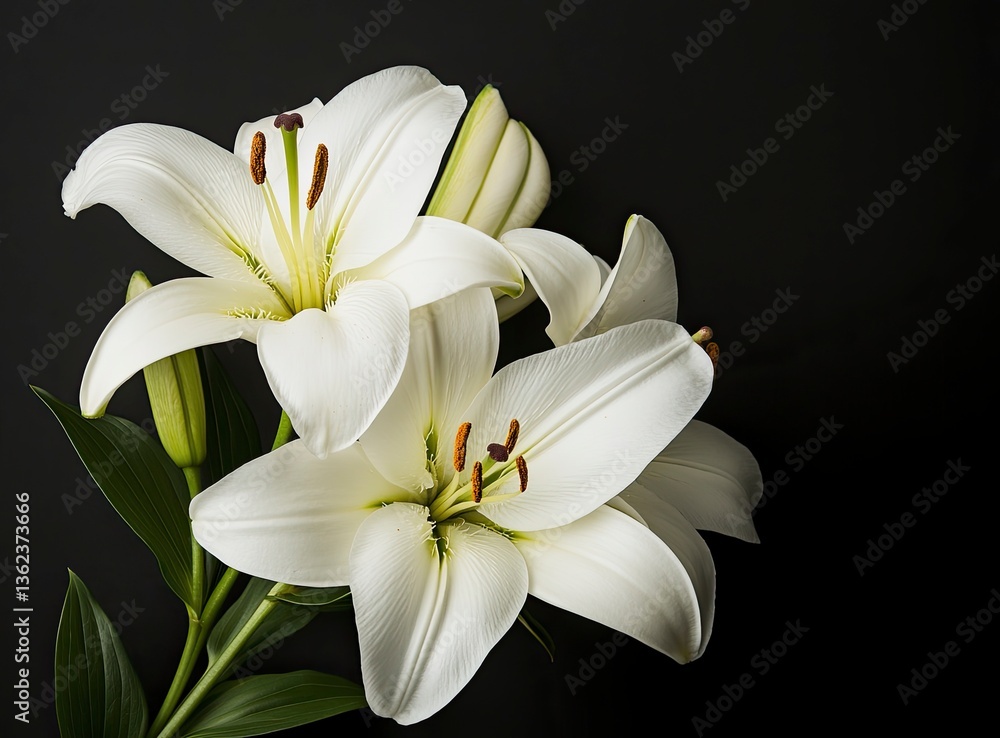 Fototapeta premium Elegant White Lily Flowers on Dark Background for Floral Design