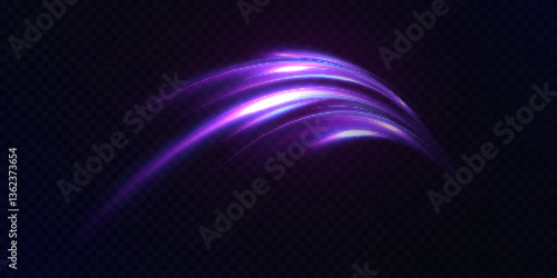 Curved glowing stripes of purple and blue light with neon glitter on black background. Vector for dynamic graphics, fantastic energy effects, user interface design.