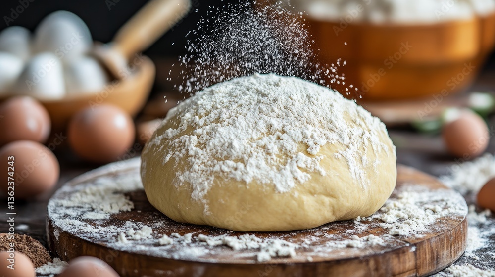 Fresh. Homemade Dough Dusted with Flour, Sitting on a Rustic Wooden Board, Ready for Baking Fresh. Homemade Dough Dusted with Flour, Sitting on a Rustic Wooden Board, Ready for Baking