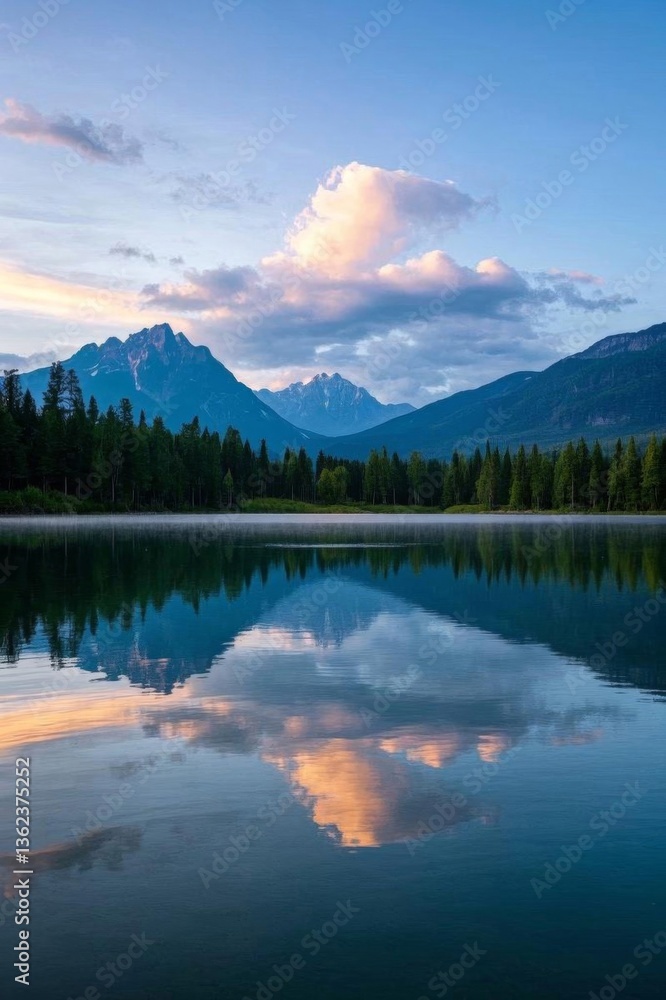 Fototapeta premium mountains are reflected in the water of a lake with a boat