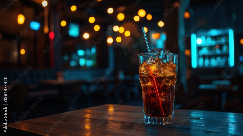 Iced soda on table in a dark bar Iced soda on table in a dark bar