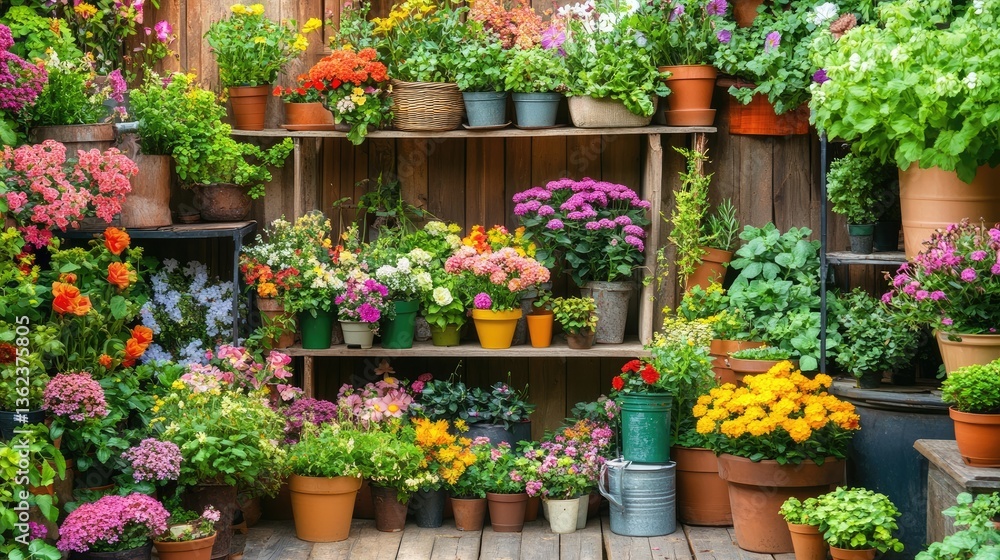 Obraz premium Garden plants, flowers, and tools for home or outdoor use