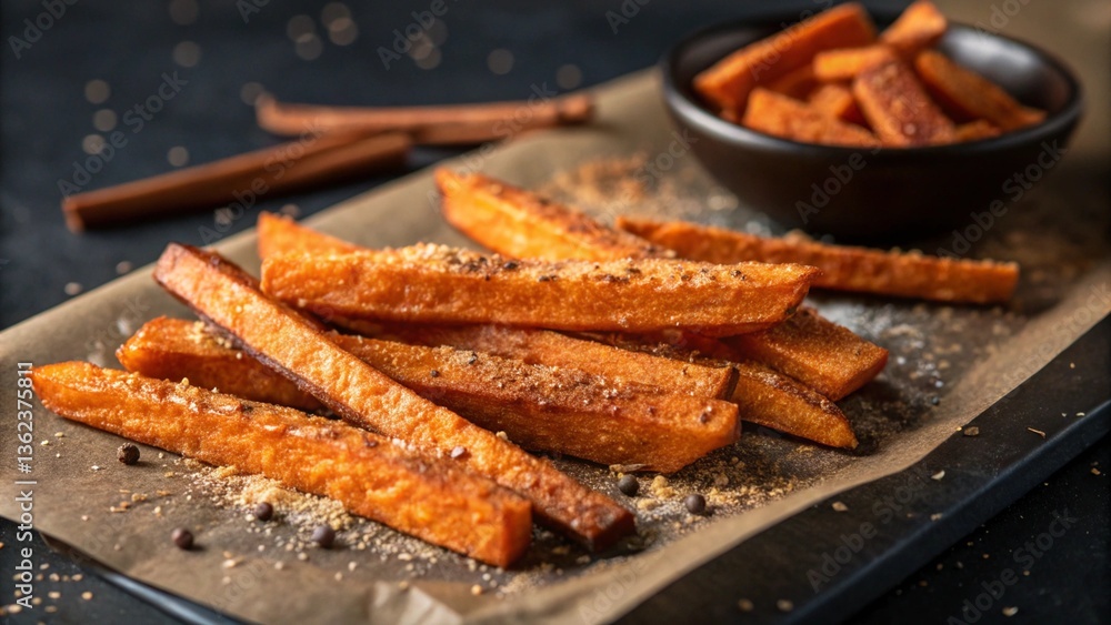 Sweet potato fries sprinkled with cinnamon on parchment paper, showcasing a healthy snack.
Sweet potato fries sprinkled with cinnamon on parchment paper, showcasing a healthy snack.