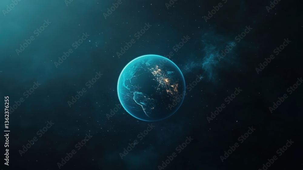 Obraz premium Stunning Glowing Earth in Space with City Lights Over Dark Background, Capturing the Beauty of Planet Earth and the Mysteries of the Universe