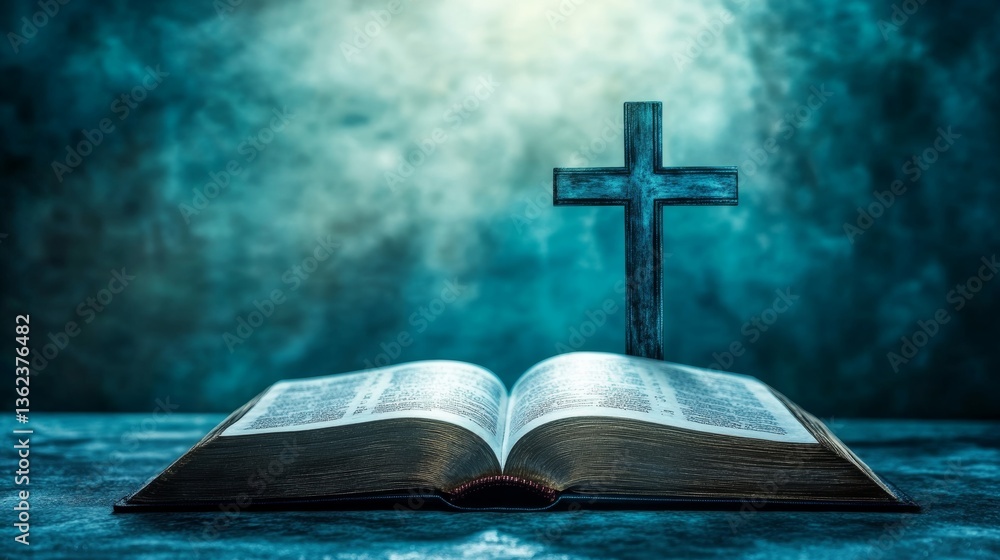 Open book with cross on sunset background. Christian concept. Open book with cross on sunset background. Christian concept.