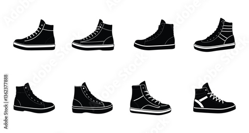 A set of eight classic high-top sneaker vector silhouette designs. Simple collection. Isolated bundle on white background.