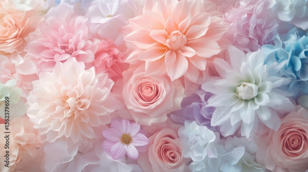 Soft Pastel Floral Background Featuring Various Blooming Flowers in Delicate Hues of Pink, White, and Blue for Elegant Decor or Design Projects Soft Pastel Floral Background Featuring Various Blooming Flowers in Delicate Hues of Pink, White, and Blue for Elegant Decor or Design Projects